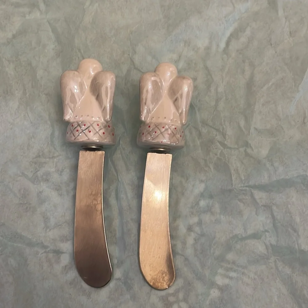 2‎ Angelic Angels cheese spreaders with stainless steel knife. Holiday Christmas